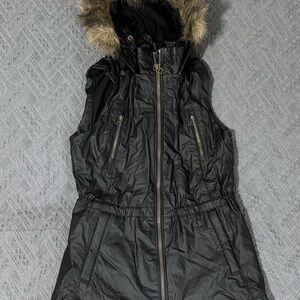 Athleta Black Hooded Vest with Faux Fur Trim